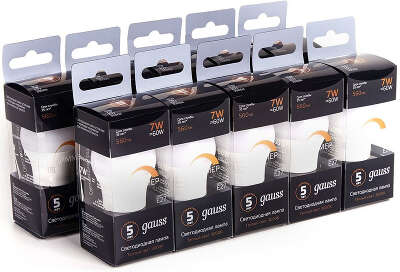 Лампа светодиодная Gauss 7Вт цок.:E27 шар 220B св.свеч.бел.теп. (упак.:10шт) (105102107-D)