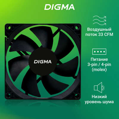 Вентилятор DIGMA DFAN-90, 90 мм, 1800rpm, 23 дБ, 3-pin+4-pin Molex, 1шт