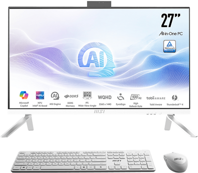 Моноблок MSI Modern AM273Q AI AiO 27" WQHD (2560x1440)IPS AG Non-touch, Core Ultra 5 125U (1.3GHz), 16Gb DDR5(2*8GB), 512GB SSD M.2, Intel UHD, WiFi, BT, camera, WirelessKB&mouse Eng/Rus, No OS,1y,White