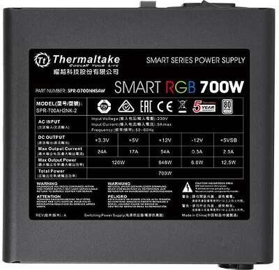 Блок питания Thermaltake ATX 700W Smart RGB 700 80+ white (20+4pin) APFC 120mm fan color LED 6xSATA RTL
