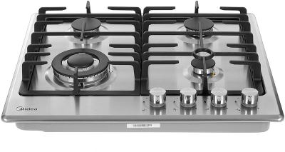 Газовая варочная поверхность Midea/ MDK/Газовая варочная поверхность, ширина 60 см, 4 газовые конфорки, 1 конфорка повышенной мощности WOK (4 кВт), интегрированный кофе-адаптер, фронтальные поворотные регуляторы, электроподжиг, газ-контроль каждой конфорк