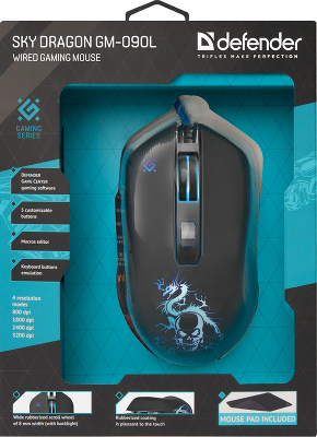Defender Проводная игровая мышь Sky Dragon GM-090L оптика,6кнопок,800-3200dpi
