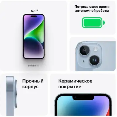 Смартфон Apple A2882 iPhone 14 128Gb 6Gb фиолетовый моноблок 3G 4G 1Sim 6.1" 1170x2532 iOS 16 12Mpix 802.11 a/b/g/n/ac/ax NFC GPS GSM900/1800 GSM1900 Protect