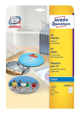 Этикетки Avery Zweckform CD/DV C9660-25 A4/196г/м2/25л./белый супер глянец самоклей. для лазерной печати