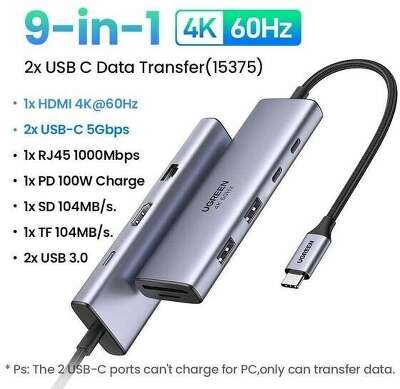Конвертер UGREEN CM498 (15375) USB-C to 2*USB3.0+2*USB-C+HDMI+RJ45+SD&TF +PD port Converter. Цвет: серый