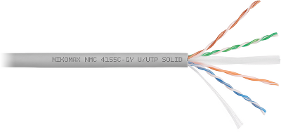 Кабель NIKOMAX U/UTP 4 пары, Кат.6a (Класс Eа), тест по ISO/IEC, 500МГц, одножильный, BC (чистая медь), 23AWG (0,57мм), полимерный материал нг(А)-HF, внутренний, серый, 500м - гарантия: 5 лет / 15 лет системная