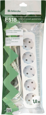 Удлинитель с заземлением Defender E518 1.8 м, 5 розеток (пакет)