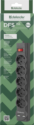Сетевой фильтр Defender DFS 755 5,0 м, 5 розеток, 2xUSB, 2.1A