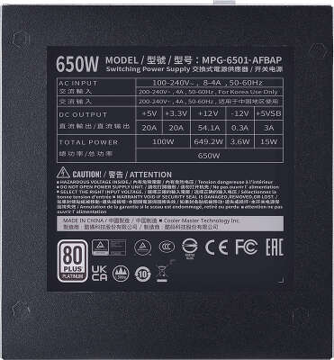 Блок питания 650Вт ATX CoolerMaster XG650, 135 мм, 80 Plus Platinum, Retail