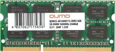 Модуль памяти SO-DIMM DDR-III 4096 Mb DDR1600 QUMO Single Rank 1.35V (QUM3S-4G1600C11L)