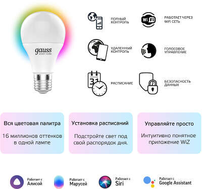 Умная лампа Gauss IoT Smart Home E27 10Вт 1055lm Wi-Fi (упак.:1шт) (1180112)