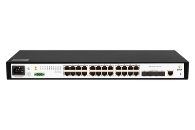 Коммутатор SNR Управляемый коммутатор уровня 2+, 24 порта 10/100/1000Base-T, 4 порта 1/10G SFP+, встроенный БП ~220V AC, разъем для АКБ 12V с возможностью заряда