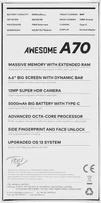 Смартфон Itel A665L A70 256Gb 4Gb голубой моноблок 3G 4G 2Sim 6.6