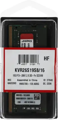 Память DDR4 16Gb 2666MHz Kingston KVR26S19S8/16 VALUERAM RTL PC4-21300 CL19 SO-DIMM 260-pin 1.2В single rank Ret