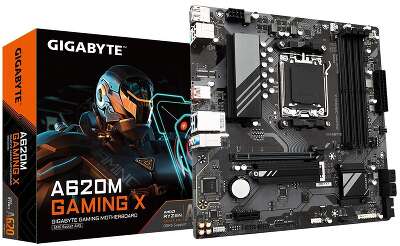 Материнская плата Gigabyte A620M GAMING X, Socket AM5, AMD A620, 4xDDR5-5200, HDMI+DP, 1xPCI-Ex16, 1xPCI-Ex1, 4xSATA3(RAID 0/1/10), 1xM.2, 8 Ch Audio, GLan, (2+2)xUSB2.0, (3+2)xUSB3.2, (1+1)xUSB3.2 Type-C™, 1xPS/2, mATX, RTL
