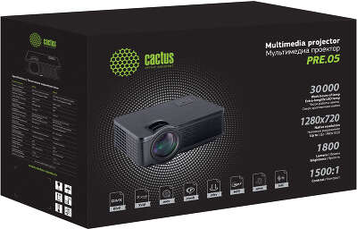 Проектор Cactus CS-PRE.05B.WXGA LCD 1800Lm LS 180Lm ANSI (1280x720) 1500:1 ресурс лампы:30000часов 1xUSB typeA 2xHDMI 1.75кг