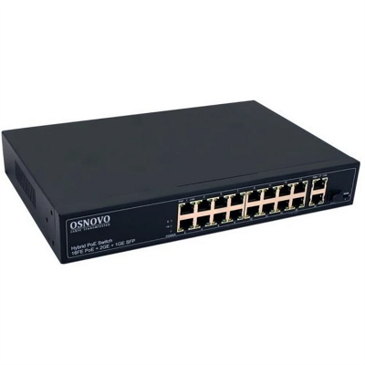 PoE Коммутатор OSNOVO SW-61621(300W) PoE коммутатор Fast Ethernet на 16 x RJ45 PoE + 2 x RJ45 GE + 1 SFP GE порта. Порты: 2 x FE (10/100Base-T) с PoE (до 60W, A+B) + 14x FE (10/100Base-T) с PoE (до 30W) , 2 x GE Upl