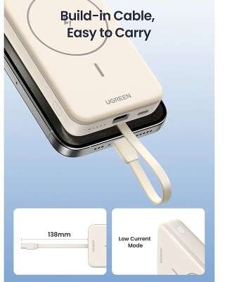 Внешний аккумулятор UGREEN PB760 (35341) 10000mAh MIni Magnetic Wireless 20W Power Bank со встроенным кабелем
