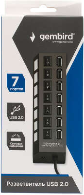 Разветвитель USB2.0 Gembird UHB-U2P7-01, 7хUSB, с доп. питанием, подсветка и выключатели, кабель USB 55см