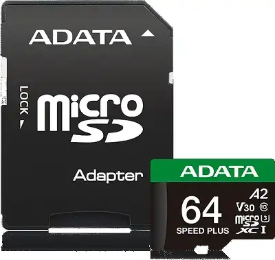 Карта памяти 64 Гб Micro SDXC ADATA Speed Plus, Class 10 UHS-I U3 V30 [UD64GUI3V30A2SP-RA1], с адаптером