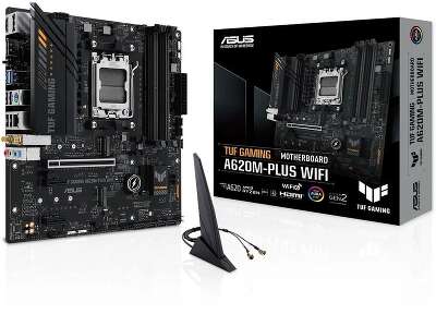 ASUS TUF GAMING A620M-PLUS WIFI (Socket AM5, mATX, 4xDDR5(128GB), 2xDP/HDMI 2.1, 1xPCIe 4.0x16/2xPCIe 3.0, 1xLAN (2.5GbE), Wi-Fi, BT, 4xSATA 6Gb/s, 2xM.2, 2xUSB 3.2, 4xUSB 2.0, 1xPS/2)