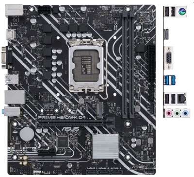 ASUS PRIME H610M-K D4 (Socket 1700, mATX, 2xDDR4(64GB), VGA/HDMI 2.1, 1xPCIe 4.0x16/1xPCIe 3.0/1xLAN, 4xSATA 6Gb/s, 1xM.2, 2xUSB 3.2, 4xUSB 2.0, 1xPS/2)