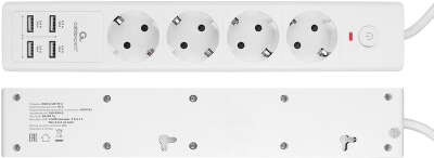 Сетевой фильтр Cablexpert Exnovo EXN-4-U4-W-2 белый, Макс мощность 2500Вт, 4 розетки 220В, 10А, 4 розетки USB-A 5В 2,4А, кабель 2м, ур.защиты 4+, коробка
