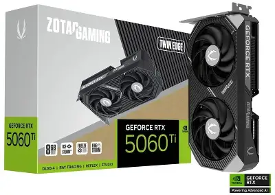 Видеокарта Zotac PCI-E 5.0 RTX 5060TI 8GB TWIN EDGE NVIDIA GeForce RTX 5060TI 8Gb 128bit GDDR7 2572/28000 HDMIx1 DPx3 HDCP Ret