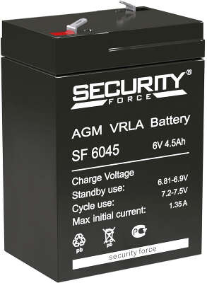 Батарея SECURITY FORCE серия SF, SF 6045, напряжение 6В, емкость 4.5Ач (разряд 20 часов), макс. ток заряда 1.35А, свинцово-кислотная типа AGM, клеммы F1, ДxШxВ 70х47х100мм., кг., срок службы 3-5 лет./ Battery SECURITY FORCE series SF, SF 6045, voltage 6V,