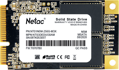SSD накопитель Netac SSD N5M 256GB mSATA SATAIII 3D NAND, R/W up to 540/490MB/s, TBW 140TB, 3y wty