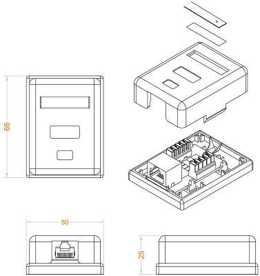 Аксессуары Розетка компьютерная Hyperline SB1-1-8P8C-C5e-SH-WH Розетка компьютерная RJ-45(8P8C), кат 5e, экранированная, одинарная, внешняя, Dual IDC