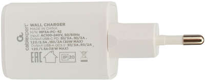 Зарядное устройство Cablexpert MP3A-PC-42, 30Вт GaN, QC3.0/PD, 1хUSB, 1хType-C, белый, пакет
