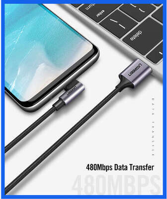 Кабель угловой UGREEN US284 (50941) Angled 90° USB-C Male to USB2.0 A Male 3A Data Cable.  Длина 1 м. Цвет: серый космос