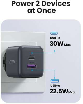Сетевое зарядное устройство UGREEN X516 (55539) 30W 2-Port USB-C&USB-A GaN Fast Charger EU. Цвет: серый