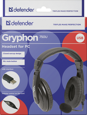 Defender Компьютерная гарнитура Gryphon 750U USB, черный, 1.8м кабель