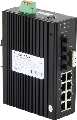 Управляемый промышленный L2+ коммутатор NIKOMAX, 8*10/100/1000Мбит/с PoE (af/at/BT) из которых 2 порта PoE BT, 4*1/2.5/10Гбит/с, 1 Канал Bypass (4*LC), Крепление на DIN-рейку, 2*ввода питания, питание 44-57В (блок питания 240Вт поставляется отдельно), -40
