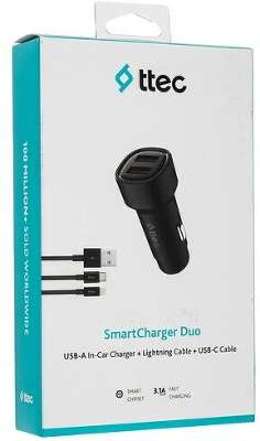 Автомобильное зарядное устройство USB-A c кабелями Lightning и USB-C. Цвет: черный