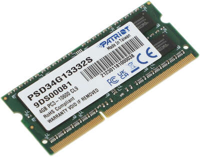 Память DDR3 4Gb 1333MHz Patriot PSD34G13332S RTL PC3-10600 CL9 SO-DIMM 204-pin 1.5В dual rank Ret