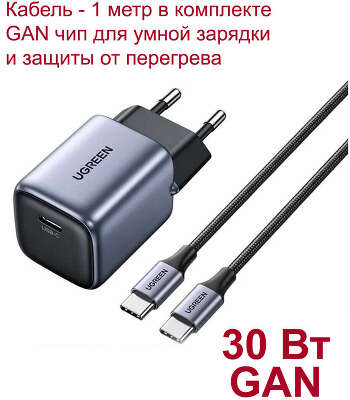 Зарядное устройство UGREEN CD319 (25257) Nexode 30W USB-C PD GaN Fast Charger EU с кабелем 1м 60W. Цвет: серый