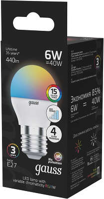 Лампа светодиодная Gauss 105102406 6Вт цок.:G45 шар 175B св.свеч.RGB (упак.:1шт)