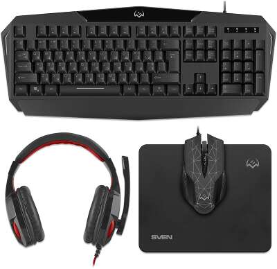 SVEN Комплект игровой клавиатура  + мышь + гарнитура + коврик GS-4300 (104 кл.+12Fn, 8 смен. кл., 200-4800DPI)