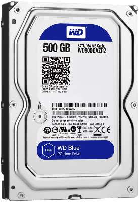 Жёсткий диск SATA-3 500GB [WD5000AZRZ] WD Blue, 5400rpm, 64MB Cache