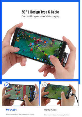 Кабель угловой UGREEN US284 (50941) Angled 90° USB-C Male to USB2.0 A Male 3A Data Cable.  Длина 1 м. Цвет: серый космос