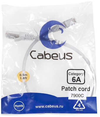 Патч-корд S/FTP, категория 6а (10G), 2xRJ45/8p8c, серый, LSZH, 0.3м Cabeus PC-SSTP-RJ45-Cat.6a-0.3m-LSZH Патч-корд S/FTP, категория 6а (10G), 2xRJ45/8p8c, экранированный, серый, LSZH, 0.3м