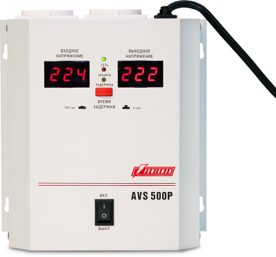 Стабилизатор POWERMAN AVS 500P, ступенчатый регулятор, цифровые индикаторы уровней напряжения, 500ВА, 110-260В, максимальный входной ток 5А, 2 евророзетки, IP-20, навесной, 185мм х 170мм х 100мм, 2,5 кг./ Stabilizer POWERMAN AVS 500P, step-type regulator,