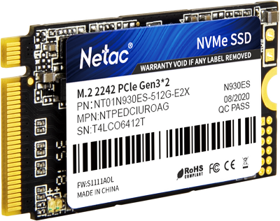 SSD накопитель Netac SSD N930ES 512GB PCIe 3 x2 M.2 2242 NVMe 3D NAND, R/W up to 1650/1500MB/s, IOPS(R4K) 180K/200K, TBW 300TB, 3y wty