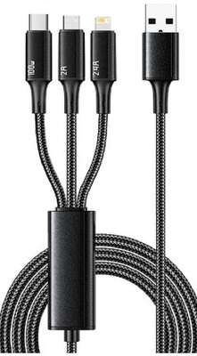 Rexant (18-7075) Кабель USB 3в1 Type-С (6A), Lightning (2,4A), micro USB (3A) 1,2м, в черной оплетке