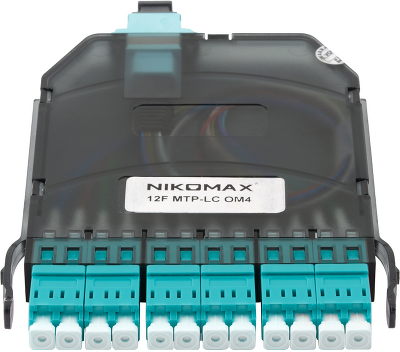 Кассета NIKOMAX волоконно-оптическая, для MTP/MPO кросса, 1 слот, многомодовая 50/125 мкм, стандарта OM3, 1x MTP/male - 12x LC/UPC, полярность А, премиум, прозрачная