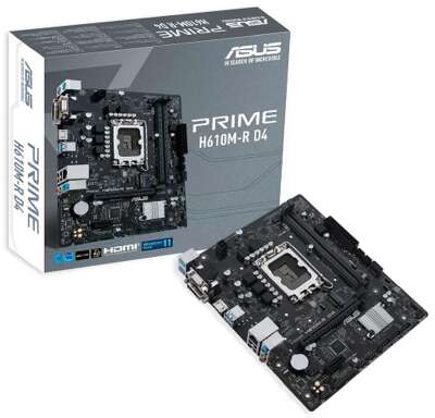 ASUS PRIME H610M-R D4-SI (Socket 1700, mATX, 2xDDR4(64GB), VGA/DVI-D/HDMI 2.1, 1xPCIe 4.0x16/1xPCIe 3.0, 1xLAN, 4xSATA 6Gb/s, 1xM.2, 2xUSB 3.2, 2xUSB 2.0, 2xPS/2)