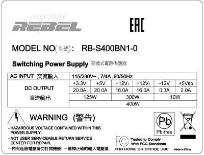 Блок питания 400Вт SFX Power Rebel RB-S400BN1-0 H